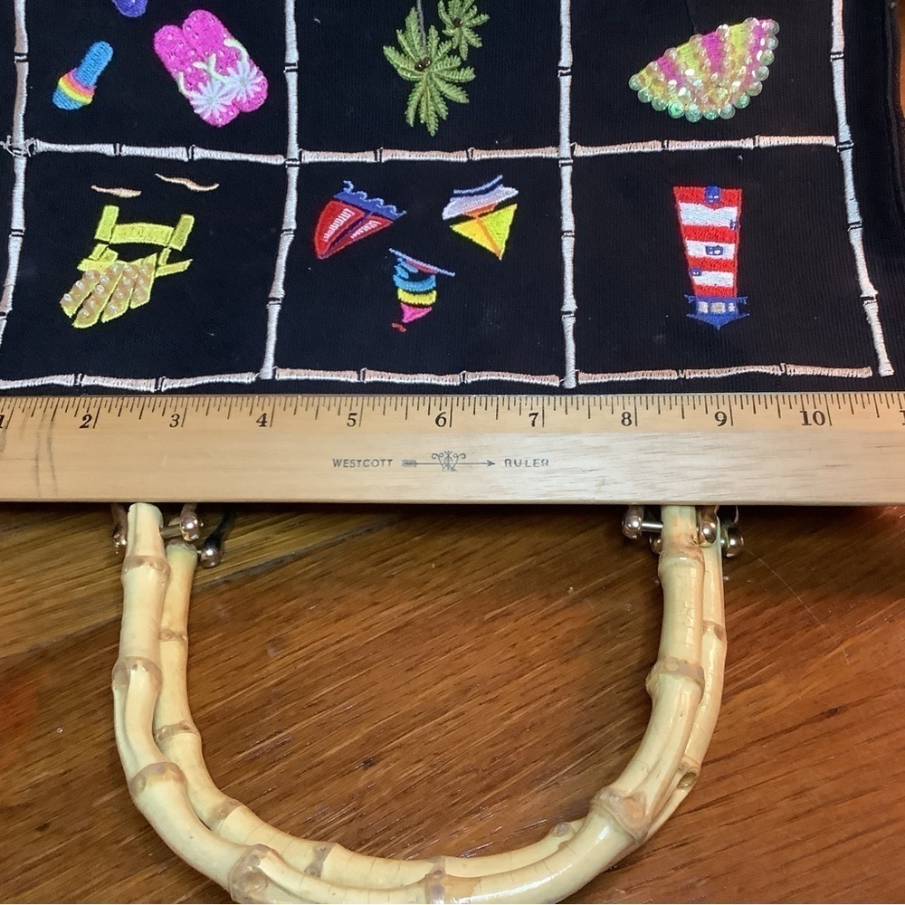 Beach Black Purse Embroidered Bamboo Handle Ocean Vacation Vintage Wood - Picture 6 of 9